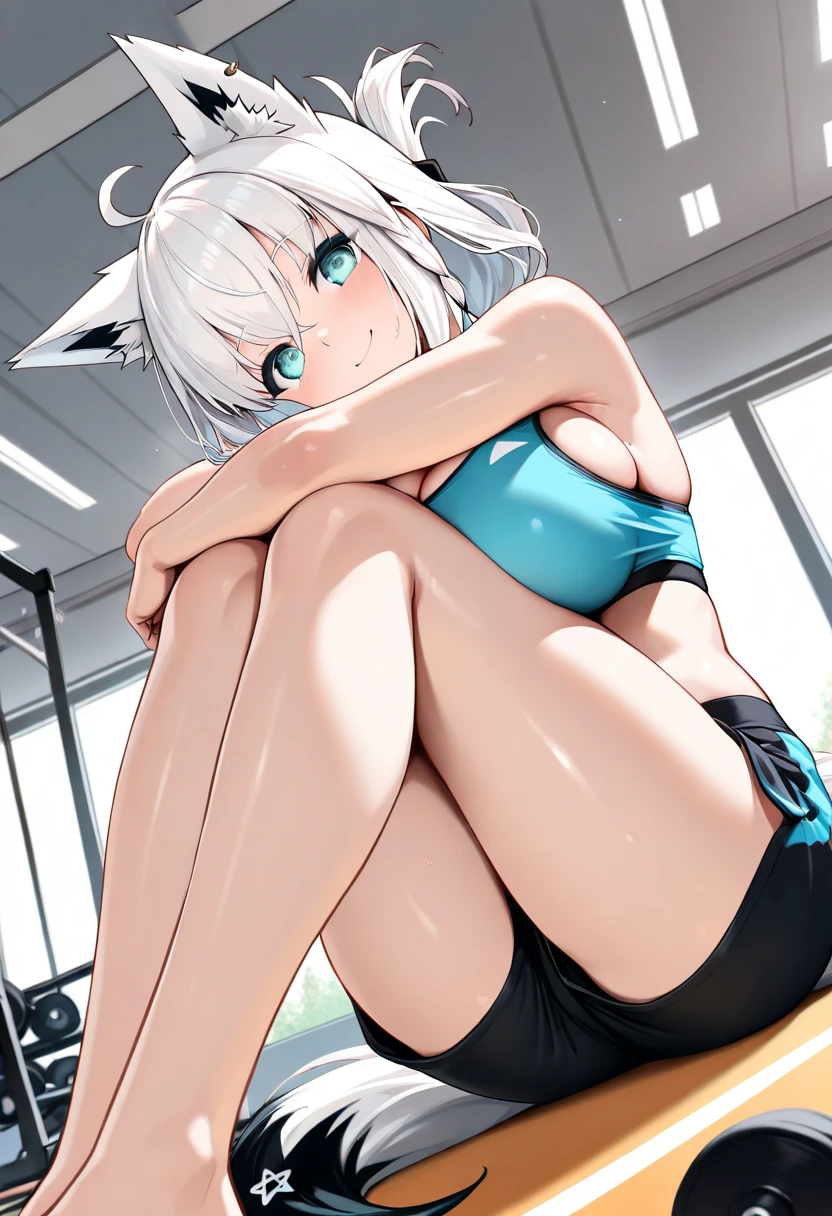 (((best quality)), ((masterpiece)), (details), masterpiece, best quality, high quality, ulutra detailed, perfect face, ((1girl, blue eyes, cat ears: 1.3 silver bob hair: 2.5,)) 、Shiny Hair、Glowing Skin、blush、Lustful look、Sports Bra、Yoga Leggings、Yoga poses、studio、Prone、Push up your ass、Side Angle、Sexy