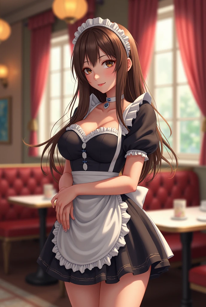 (2young girls), Brown hair, Amazing face and eyes, Pink eyes, (High school uniform with wide open breasts:1.1), Beautiful big breasts, bared chest, (amazingly beautiful girl), Brown hair, stylish hair ornament, frilly maid style costume, (Maid cafe costume, Pleated mini-skirt:1.5), (Best Quality:1.4), (Ultra-detailed), (extremely detailed CG unified 8k wallpaper), Highly detailed, High-definition raw color photos, Professional Photography, Concafe, ((Stylish maid cafe)), Maid cafe popular staff, Menu card, name tags, drinks, food, (sheer thin panties:1.2),