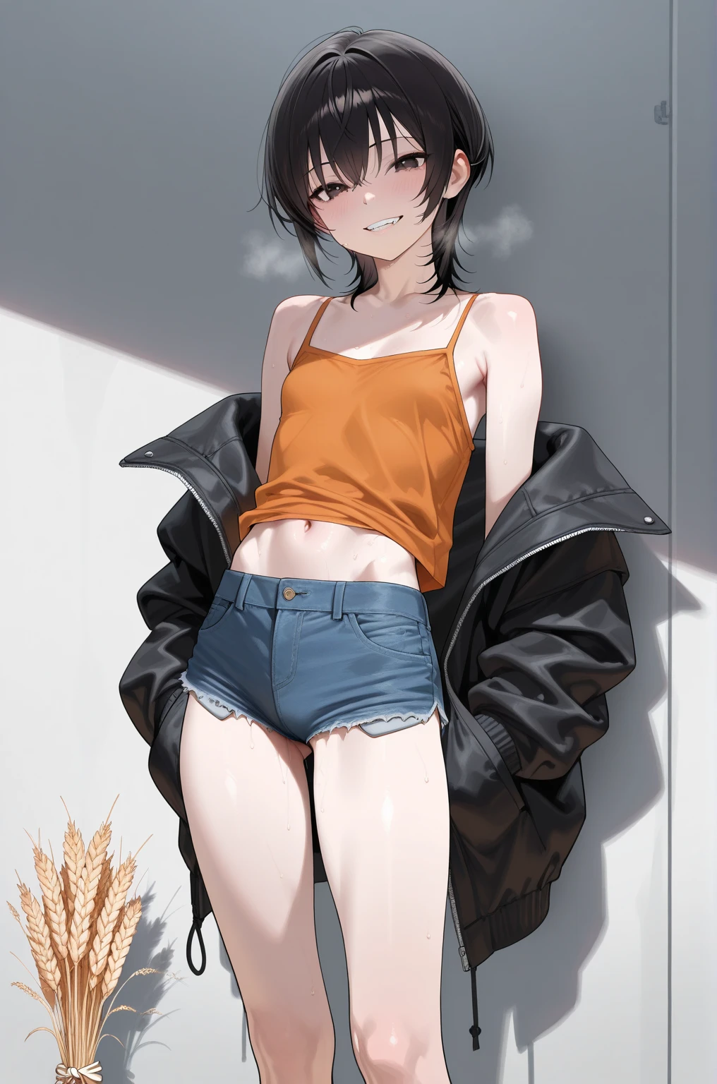 College boy, 21 years old man, handsome man, short black messy boy hair, orange eyes, black binder top, black mirco shorts, light smile, black shorts, muscular, huge ass, bent over, large thick ass, thick thighs looking back, looking at viewer, embarrassed, coffee shop, male character (1.0), flat chested, guy, man, male character, not a girl, masculine face