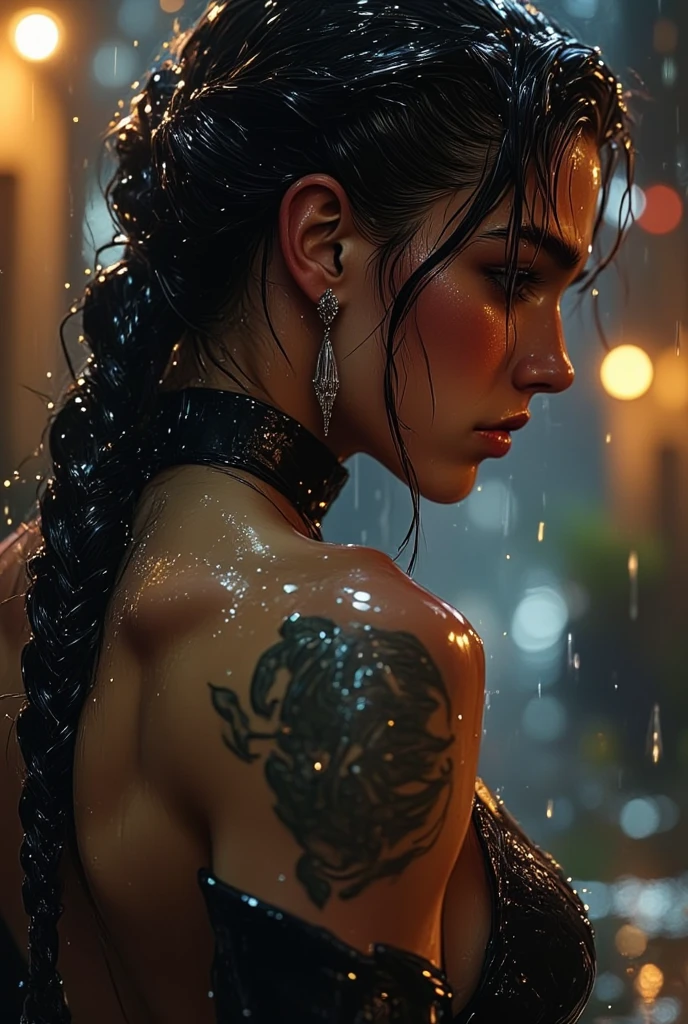 an Epic Masterpiece of a Beautiful Female Sailor Moon soaking wet from rain , tattoos and piercings, action scene, determined expression, lips parted , up view, unique camera angle, Epic landscape, photorealistic, intricately detailed, 64k UHD resolution, depth of field, cinematic, vibrant ambient glowing color framework, hypershift red and white glowing radiance, magical glowing effect, smokey radiance, wet atmosphere, rain