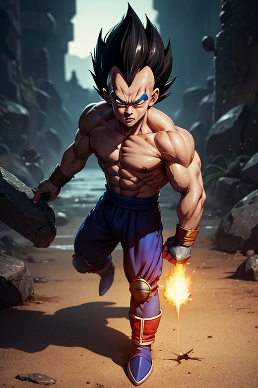 A dragon ball character with a lot of energy and Ki around, a lot of lighting bolts and destruction around a dragon ball landscape, realistic, UHD, 8k --auto
