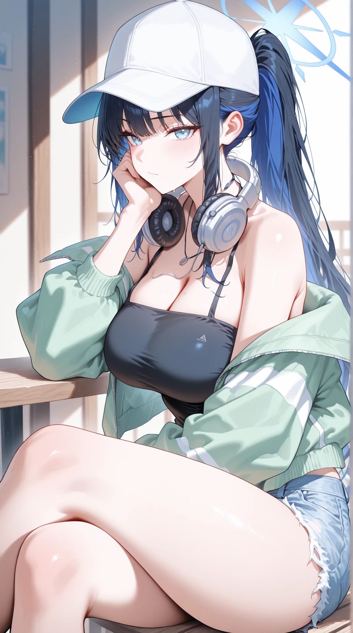 very sexy and beautiful adult woman with large green eyes, long Blue hair. Impeccably make up with red lipstick, dark eyeshadow accentuating her bright eyes. She's dressed in an open jacket that's slightly oversized, wearing a top covering her ample bosom. Sporting large, colorful headphones, she stares directly at the camera. The background is a vibrant water like setting with various multicolored light effects. Cinematic light, she is happy and enjoyng it