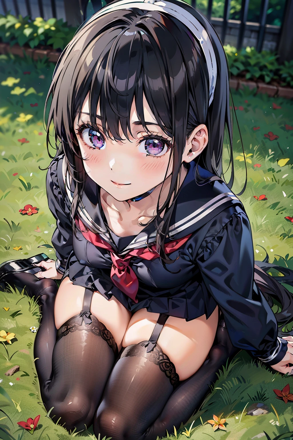 ((nsfw:2.0)),((All-black overcoat)),((A swordsman girl with long, dark hair))、(Beautiful sparkling blue eyes),(hair over one eye)、(cute),(Moe sleeves),(Black knee socks)、((A field under a fantastic late-night sky)),((M-shaped legs)),(showing blackpanties)