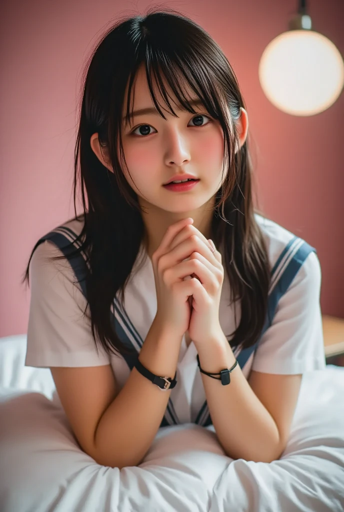 masterpiece, highest quality, 8K, RAW photo, realistic, gravure, Professional Photography, (Viewer Perspective:1.5),
Japanese girl, high school student, 17 years old, beautiful girl, cute face, (haircut of uniform length:1.2), Beautiful shiny black hair, Clear white skin, composed expression, Japanese High School Uniforms, (long pleated skirt), Her skirt is up and her thighs are showing, She is lying on her back, a bed in the school infirmary, full body, whole body, She is barefoot,
The room is dimly lit, evening, dusk,