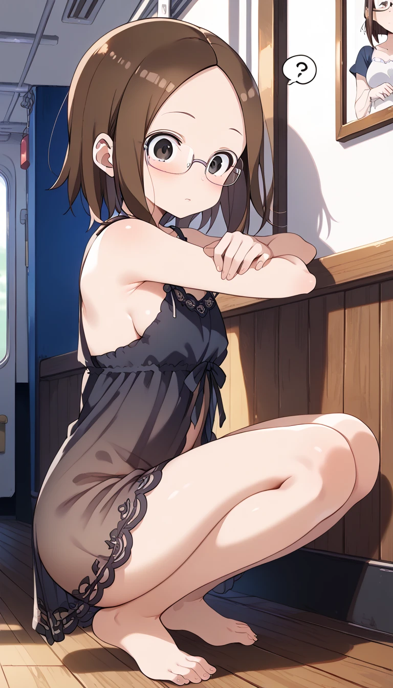 (highest quality, High resolution, perfect pixel, Depth of bounds written, 4K), (1 girl:1.4), (cowboy shot),
close, looking at viewer, dark bedroom, (indirect lighting:1.2),
perfect body,
brown hair, (black frill chemise lift:2.0), (panty shot), blush, embarrassed, (standing:1.5),