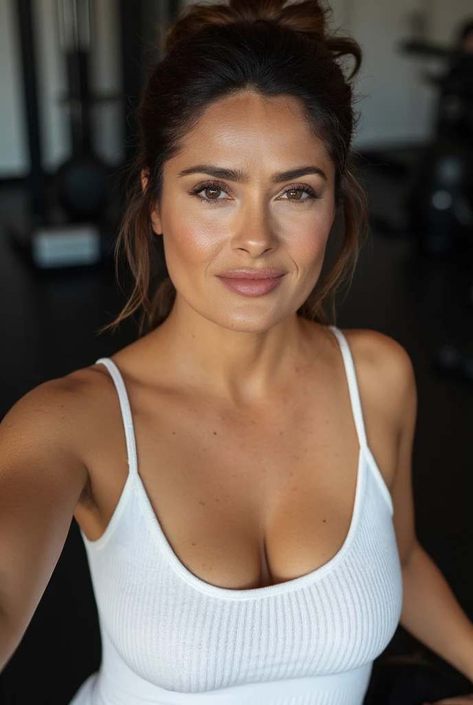 ike Eva Longoria (best quality, realistic, photorealistic:1.37), brunete model, beautiful detailed eyes, beautiful detailed lips, long dark hair, striking features, high cheekbones, clear complexion, elegant and confident pose, gym fashion, sophisticated background, professional lighting, vivid colors in the gym
