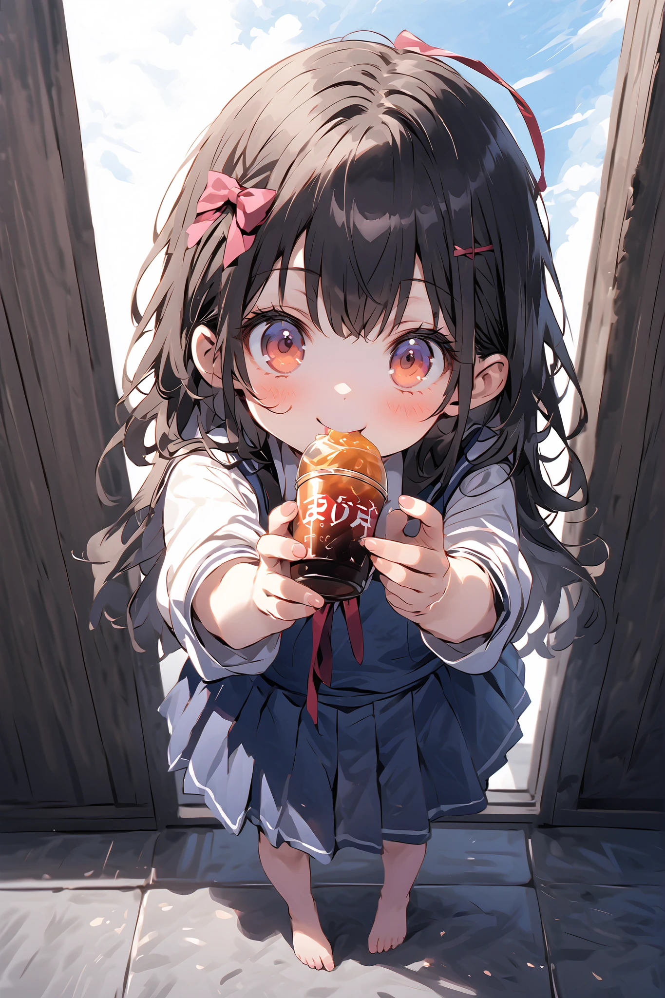 (One personの少女)、One person、Solo Photo、uniform、Barefoot、dark haired、long hair、ribbon on head、(Primary school student 1.2)、with a young face、( feeding)、Smile Yan、full body image、face up with ties、spreading hands、stand up、Holding iced tea in hand