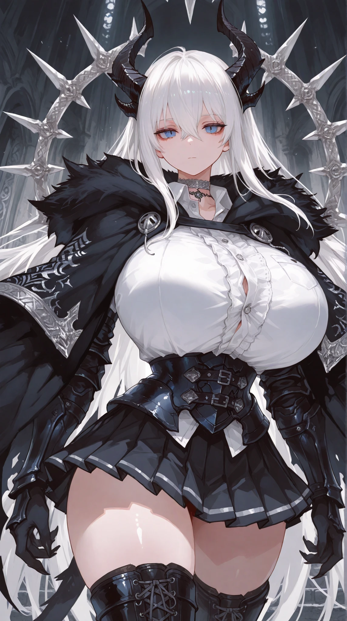 score_9, score_8_up, score_7_up, score_6_up, score_5_up, score_4_up, source_anime, 1girl, (pale skin:0.8), white hair, (long hair, straight hair), purple eyes, horns, demon horns, black hood, (ornate armor), strapless, cleavage, midriff, zettai ryouiki, curvy, huge breasts, wide hips, greaves, sitting, spread legs, dishwasher1910
