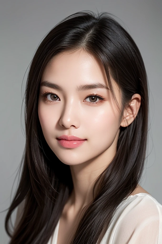 Create a (( mid-shot )) photorealistic image of a beautiful Asian woman with fair, smooth, flawless skin. She has large, round, sparkling eyes with naturally long and curled eyelashes, and well-defined, dark eyebrows. Her nose is straight and high, and her naturally pink, soft lips form a gentle smile. She has short, slightly curled brown hair that highlights her delicate facial features. Her face is oval-shaped, with a wide and high forehead, moderately high cheekbones, and a pointed, slender chin. She is wearing a white bra that complements her elegant and feminine appearance. (( waist to top))