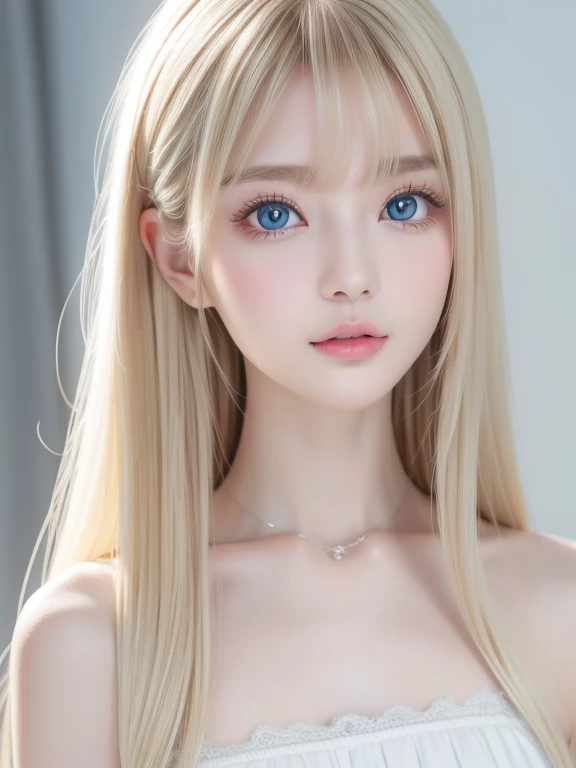 Super long, silky blonde hair、Very cute, beautiful and stunning girl、Bangs falling over the eyes、Hair on the face、Put one bang over your eye、Hair between the eyes、So perfect beautiful cute face、big, Her bright, light blue eyes are so beautiful and sparkling.、Very big eyes、White and lustrous skin、Small Face Beauty、Cheek gloss highlighter、Incredibly white, beautiful, bright and radiant skin、Round face
