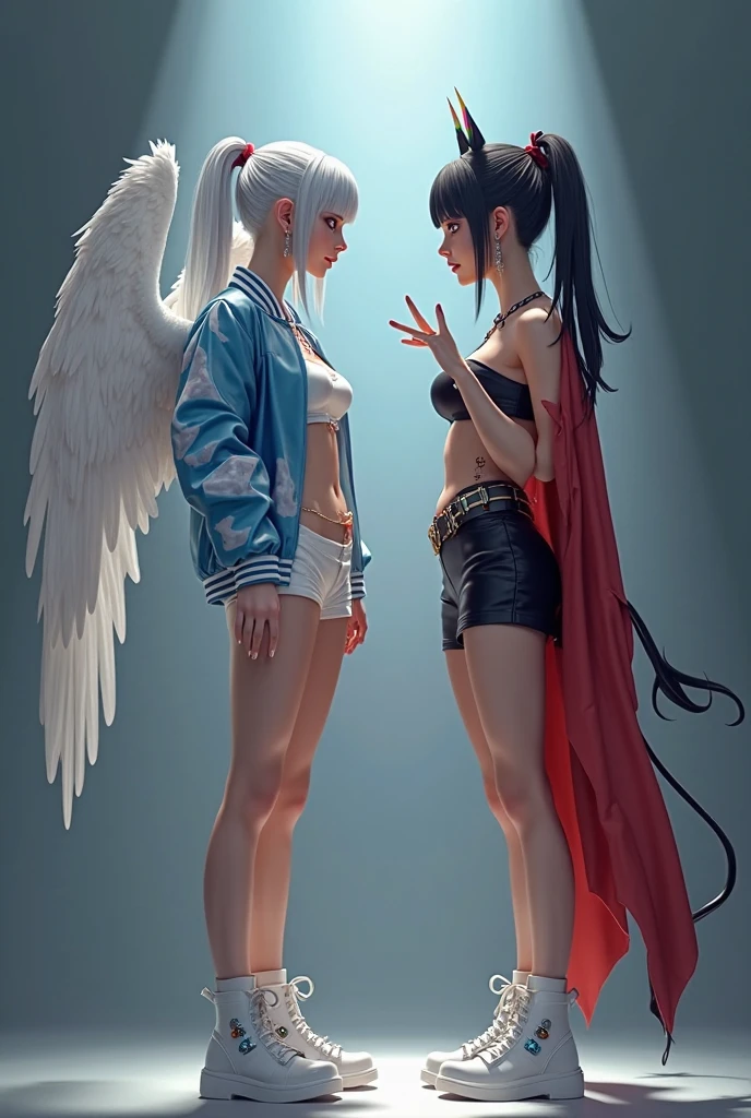 2girls,duo,super big eyes,raw photograph,realistic,faded freckle, 2girls,one girl has dark skin the other has white skin, the white girl has short white hair with pink tips, the other dark skinned girl has black hair with blue tips, {{{halo}}}, angel wings