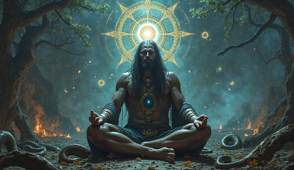 Long hair and tie in top of head long beard masculine man having third eye in his forehead meditating in the universes and having a background of sun amd moon . A image of powerful yoga practitioner having divine power and enlightenment knowledge giving man more fiber muscle and veins in body . Real third eye . Mobile phone wallpaper . Having big veins add 3 line of shiva add snakes in protecting head by cobras 5 head thin body but very muscle fibers veins . Snakes cover his head . Enlightenment half devil evil body
