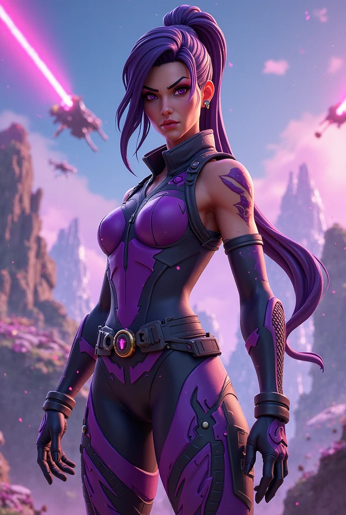 Wide angle full body photograph, T pose and with legs and feet visible of a purple skinned night elf tyrande whisperwind grey hair green eyes with arms, hands, legs, feet, hands free, wearing leggins andsportshoes, photorealistic, beautiful face, high quality, 4k, hdr