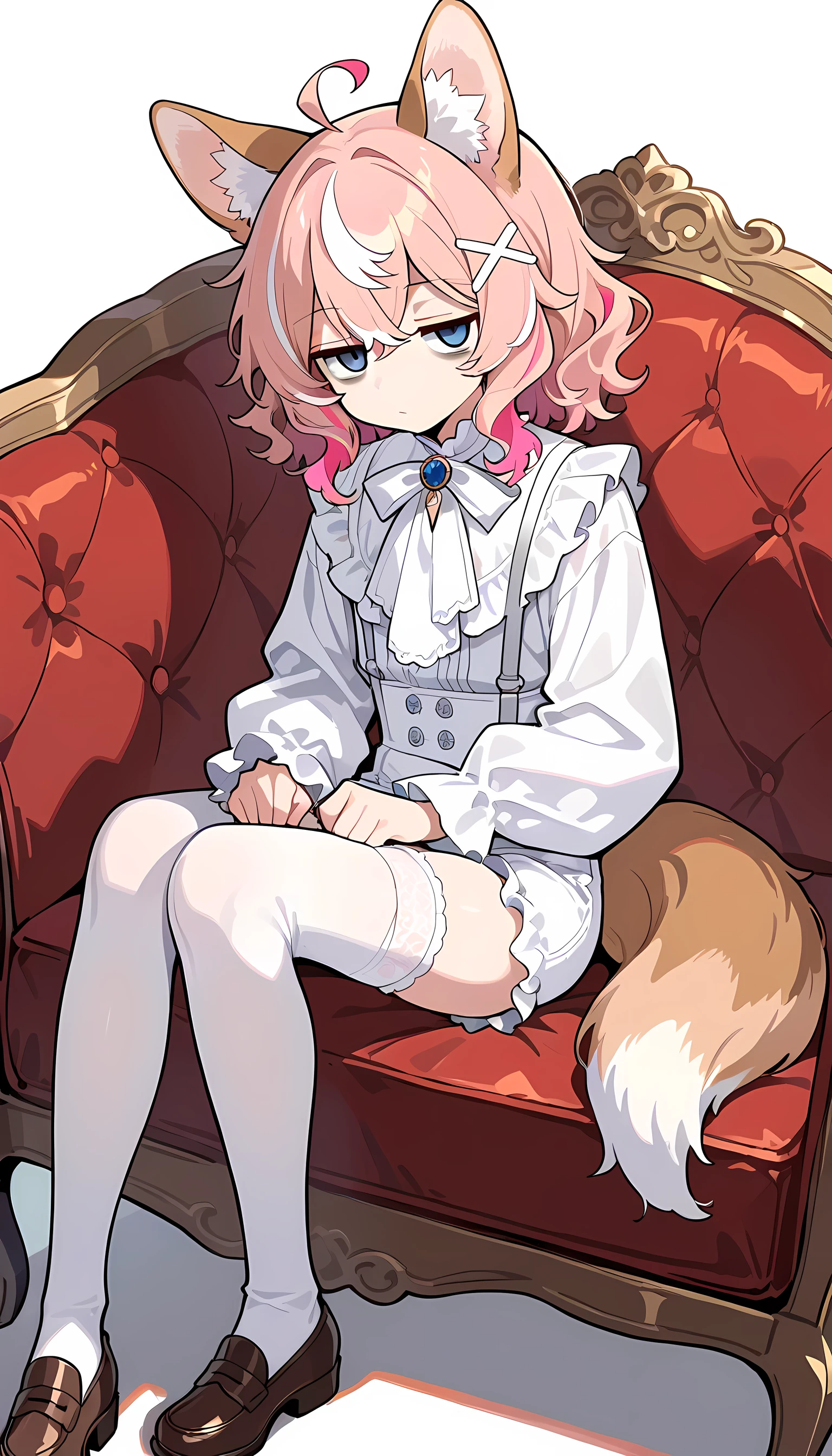 score_9,score_8_up,score_7_up, an anthro furry female sylveon girl, bald, black sclera, white eyes, wearing maid dress, white panties, pouting, sitting on a beanbag chair.