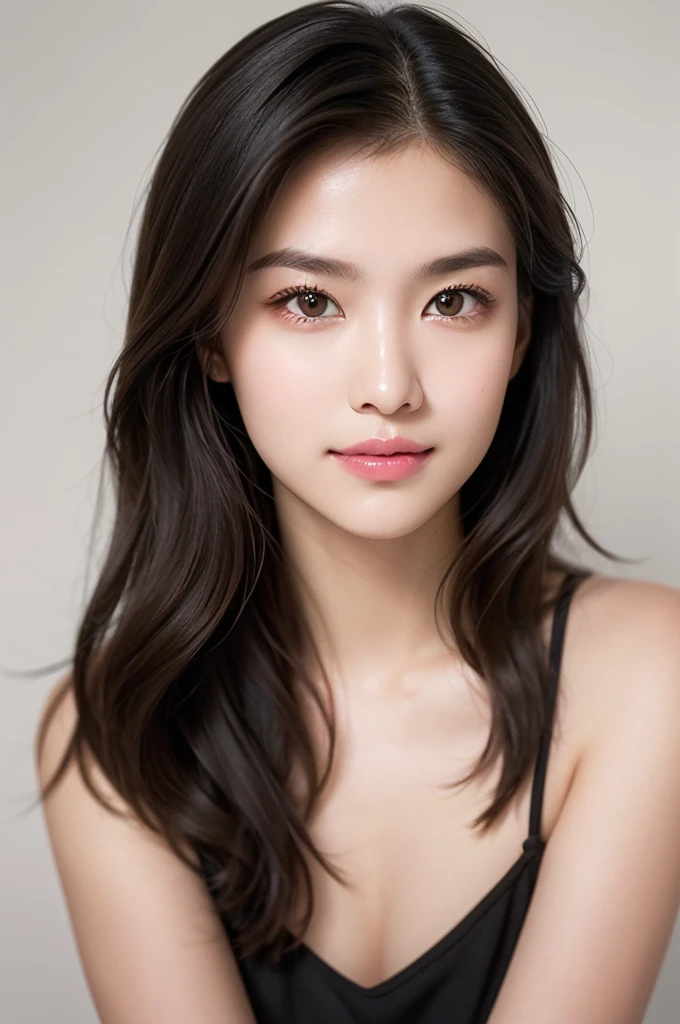 Create a (( mid-shot )) photorealistic image of a beautiful Asian woman with fair, smooth, flawless skin. She has large, round, sparkling eyes with naturally long and curled eyelashes, and well-defined, dark eyebrows. Her nose is straight and high, and her naturally pink, soft lips form a gentle smile. She has short, slightly curled brown hair that highlights her delicate facial features. Her face is oval-shaped, with a wide and high forehead, moderately high cheekbones, and a pointed, slender chin. She is wearing white underwear . (( waist to top))