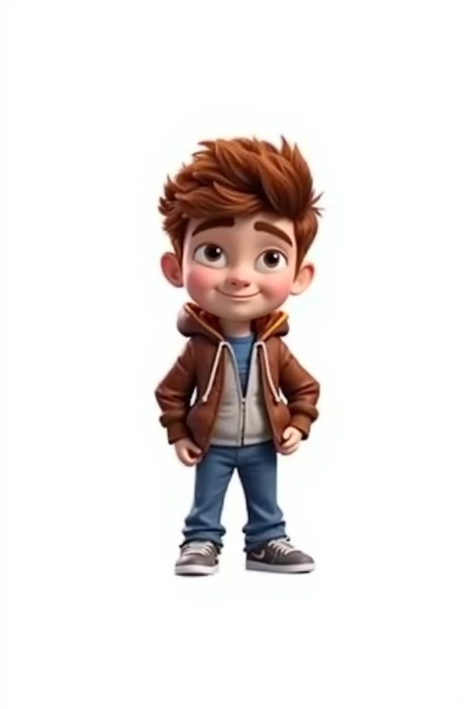 A cool boy, brown hair, red hoodie, pocket white, cuffs white, hands in pockets, blue pants, leg white, yellow socks, red sneakers, brown sole, smile, full body, light, white background, perfect fingers,