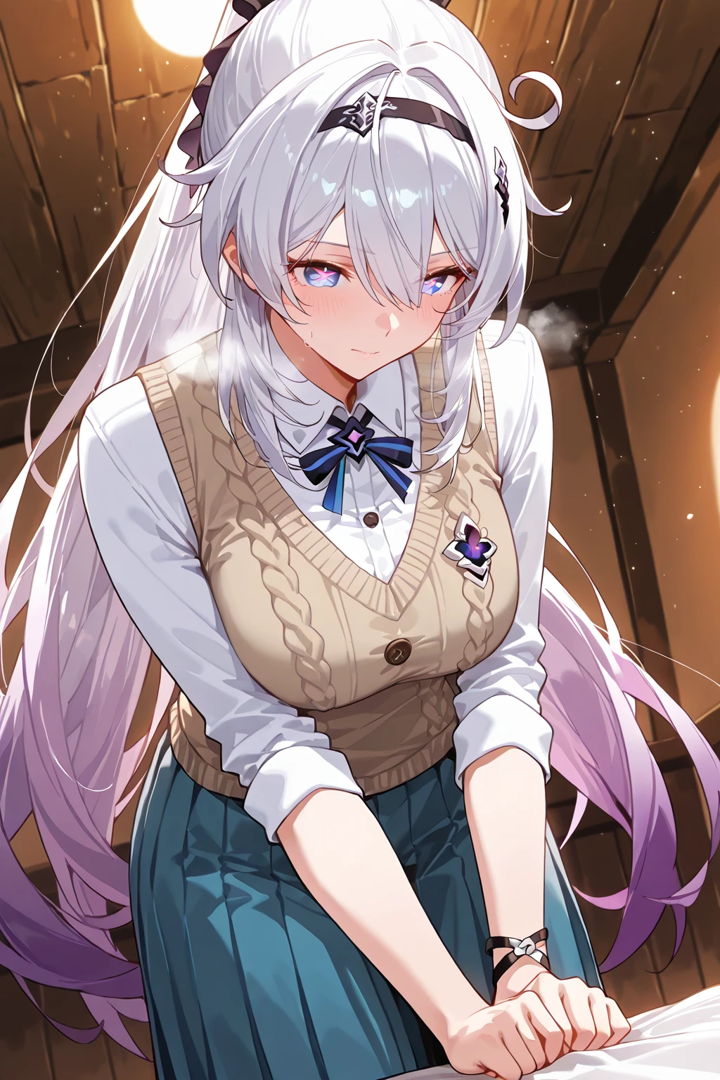 (school uniform:1.2),yellow ribbon,<lora:yileina-10:0.9>,lyileina,sitting,blue eyes,purple eyes,long hair,light smile,large breasts,cleavage,best quality