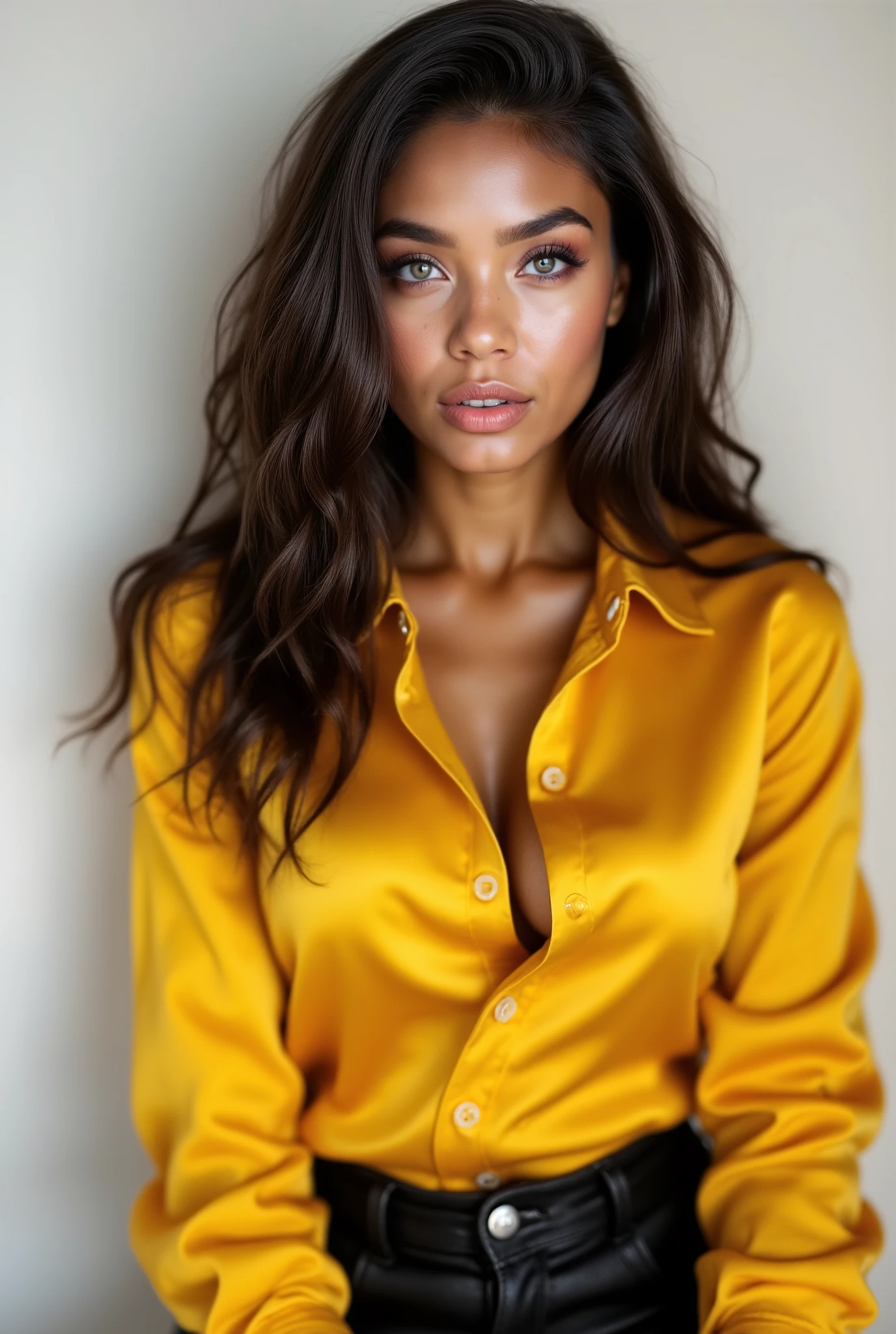 arafed woman, model with a shiny yellow satin button down shirt, black leather pants, white studio background