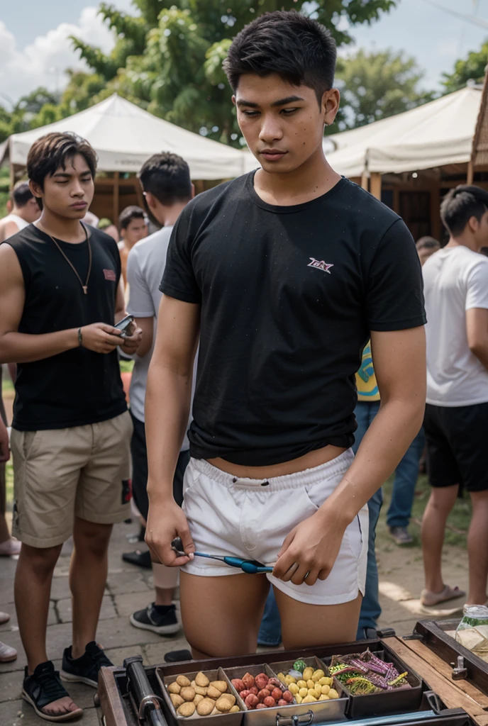 Korean teen boy, looks like younger boy,shirtless ,wearing white tanga underwear, standing sideways turn back to viewer, showing ass to many friends in background at Bangkok park Sanam Luang.