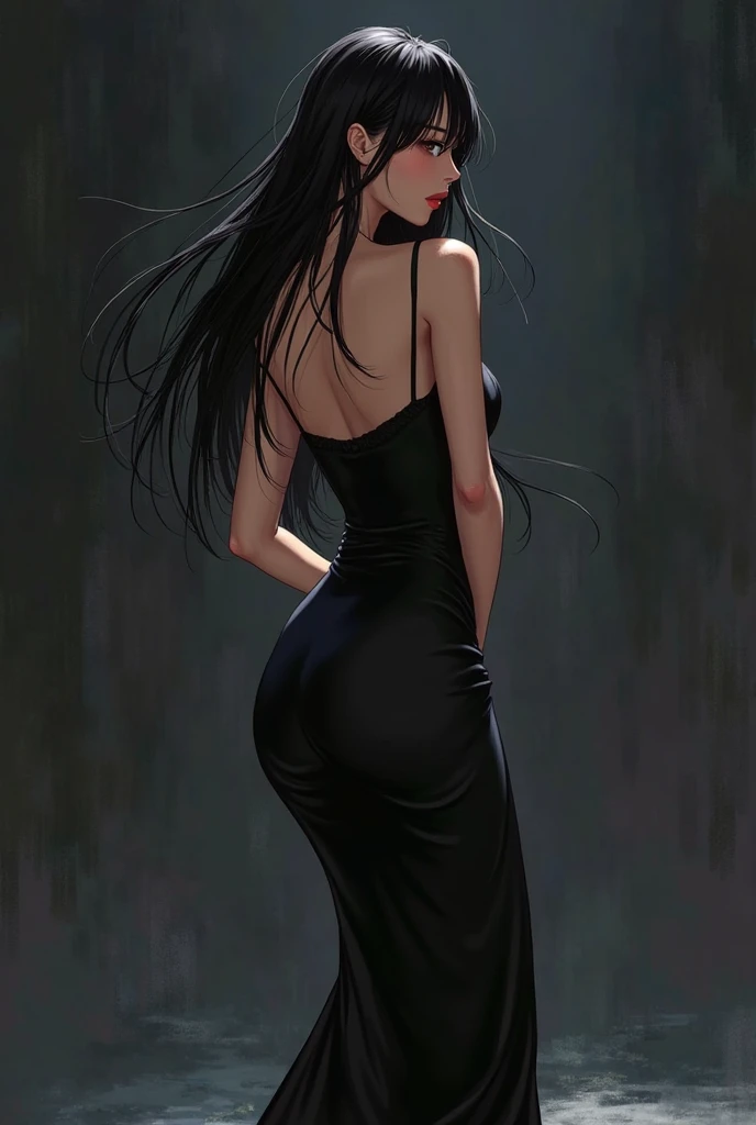 woman,Cocked buttocks(small and exquisite),black lence stockings,Black hip skirt,black color dress,Snow-white skin