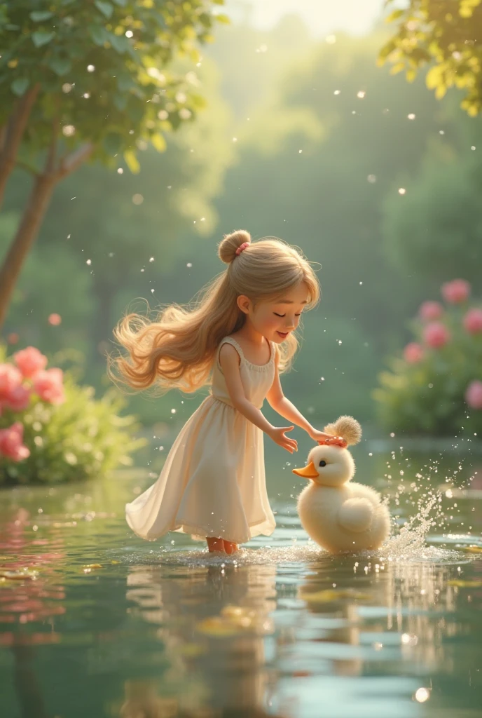 The  girl with long wavy light blonde hair in two high ponytails, wearing her light blue dress and yellow shoes, kneeling by a small pond, gently touching the water with a soft smile as ducks swim by. https://www.seaart.ai/explore/detail/cr5okdle878c73de7n90