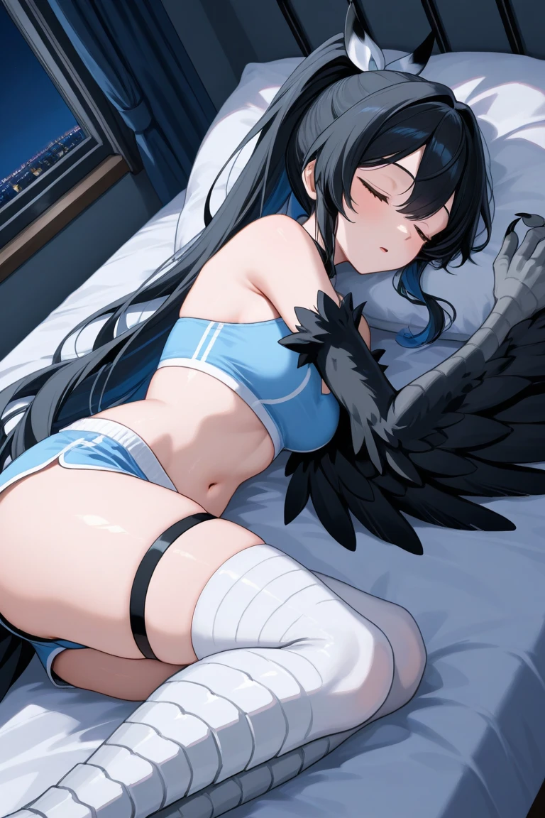 Black hair, blue eyes, large breast, sexy, beautiful body, bed, Masterpiece, angel, white wings, smile