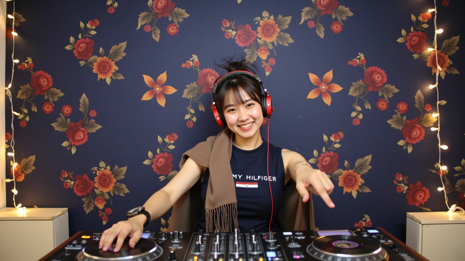 Vietnamese female DJ, playing her turntable in a room with navy and maroon vintage floral wallpaper, the DJ is wearing a red high-end headset with lights, her hair is tied in a slightly messy brown bun, wearing a navy Tommy Hilfiger tank top with shawl, wearing a smartwatch, gold hoop earrings , braces. hands pointing, The newest Pioneer brand turntable. realistic, uhd, hdr, 8k, hanging fairy light on the wall, smile to camera, straight forward, straight forward position, table parallel, straight