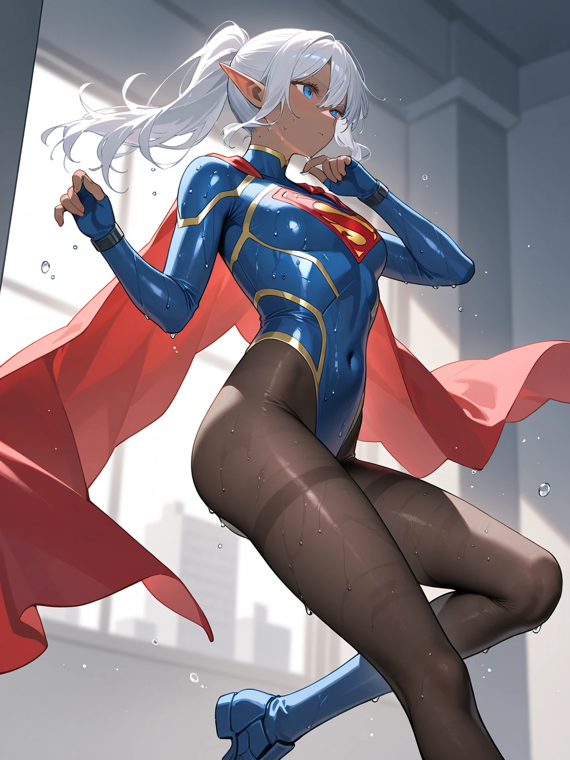 Harley Quinn embarrassingly touching her vagina while sucking Superman's penis with blushing cheeks.