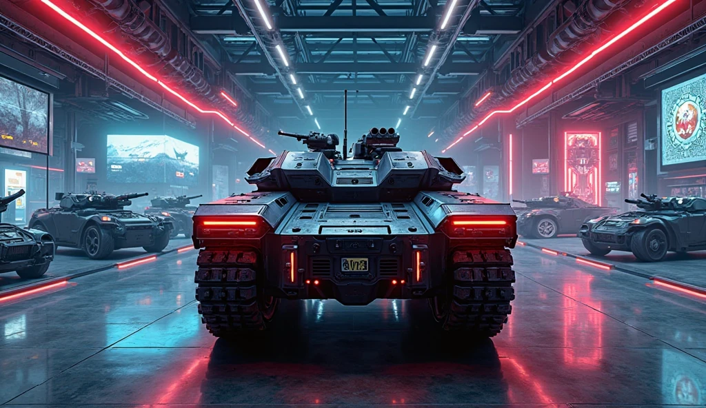 Poster with Cyberpunk Tank in Megacity at night, redmoon, neons