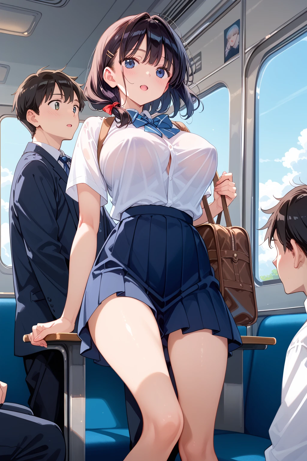 A naked middle-aged man is touching the vagina of a small-breasted girl who is crying on a train, wearing a floral bra and floral panties, a flower-patterned bra, and no panties, but is feeling embarrassed and scared and resisting, as she spreads her legs.、whole body