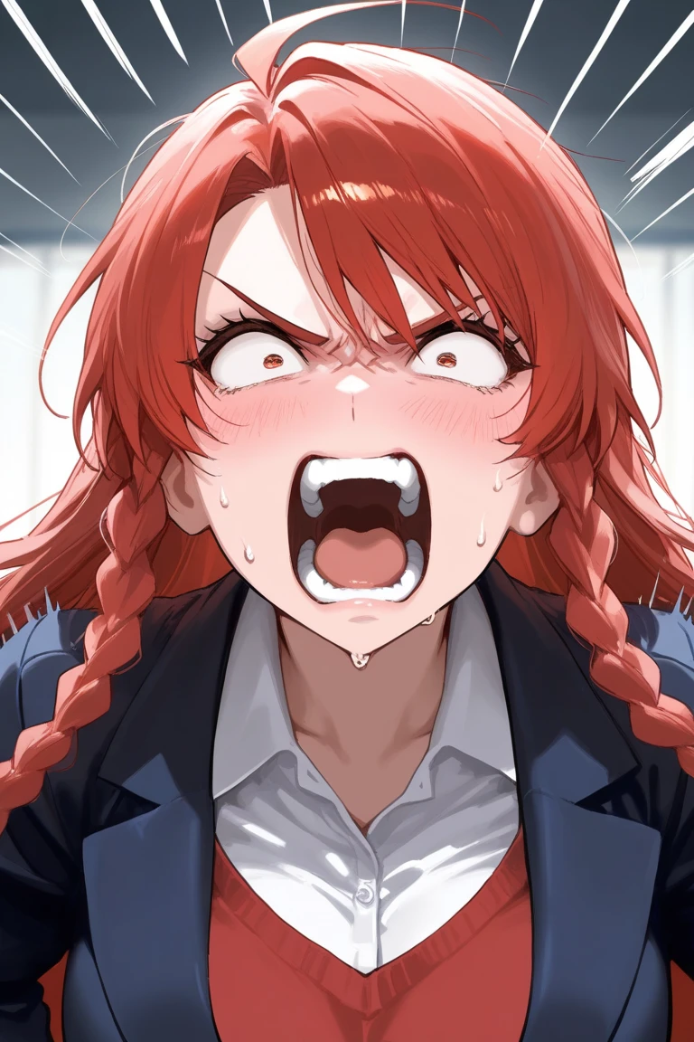 (masterpiece:1.3),(best quality:1.2),8k,absurdres,unity 8k wallpapper,(extremely detailed:1.3),highestres,
1girl,looking at viewer,open_mouth,(screaming:1.2),indoors,blurry background,pain,(angry:1.3),frown,widely opened eyes,solo, sad,<lora:lowRA:0.5>,wrinkled skin,hands on own head,sharp teeth,fangs,school uniform, books,pen,table,(tears:1.3),tongue, night,study,shouting,<lora:screaming:0.8>