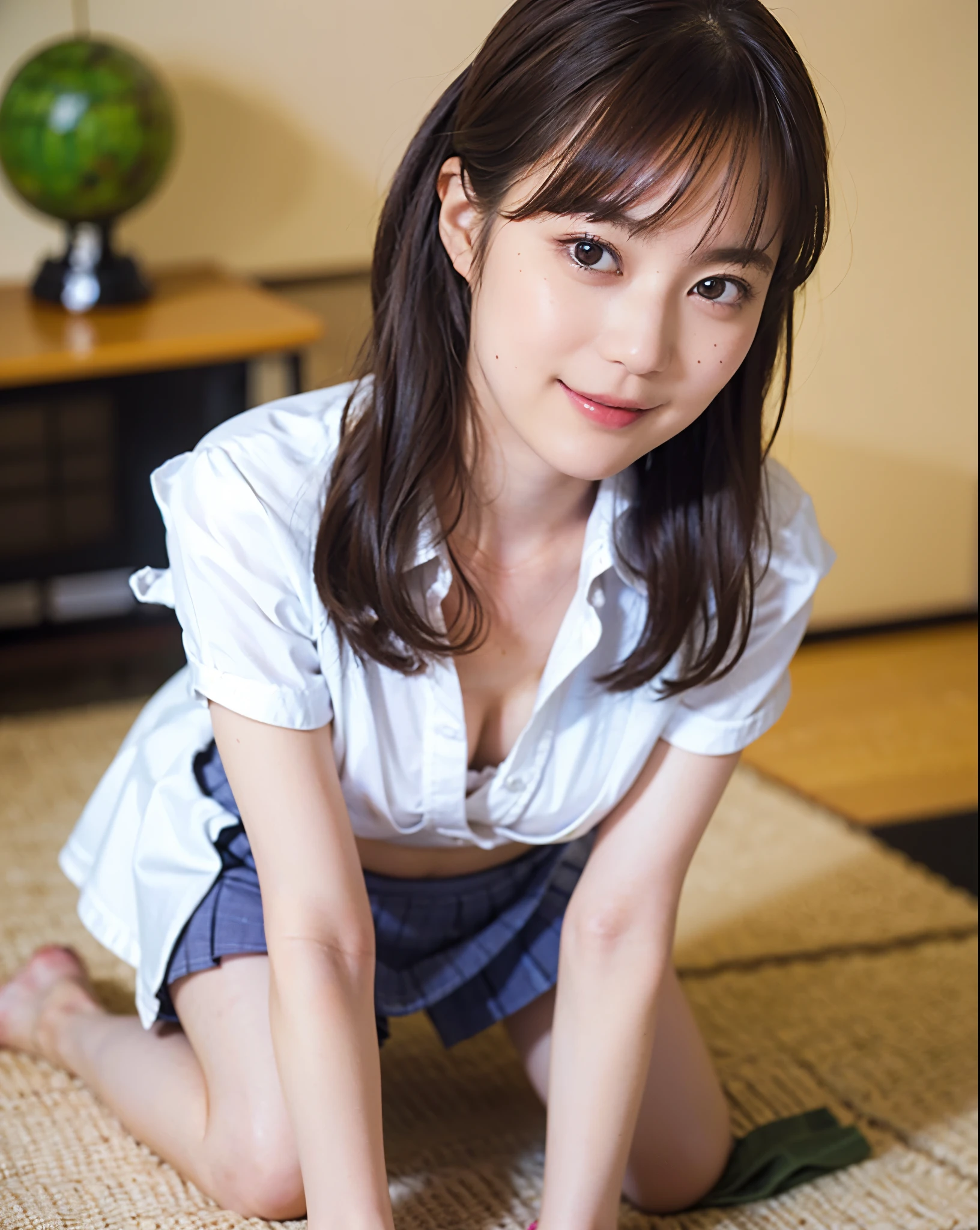 ULZZANG-6500-v1.1, (RAW PHOTO:1.2), (photot-REALISTIC，:1.4), ((Take a picture with the camera from above、Looking up、staring at camera、Gazing from above with a camera、Take a photo from the top direction))beautiful detailed girls, highly detailed eyes and faces, Beautiful Detailed Eyes, s ridiculous, Unbelievably ridiculous, Huge File Size, Super Detailed, Highres, very detail, sthe highest qualit, Master peace、, Kemomimi, ((Japanes girl' high school uniform)), An illustration, very detail, ltso, unification, 8k壁紙, Splendid, Fine details, Master peace、, sthe highest qualit, very detailなltsoユニフォーム8k壁紙, Light on the face、Movie lighting、18歳の女の子、((witheout panties))、((dynamic posing)))、(camel toes)、(Half)、(pantyhose、、、、、、、、)、(Sitting on legs bending the knees))、short haired、ple short hair、long neck、Put your ears out、bangs、bigger eyes、Distinct double eyelids、Lashes、a Pretty、Very cute、Large Tits、Happy smile、Put your hands on your big chest