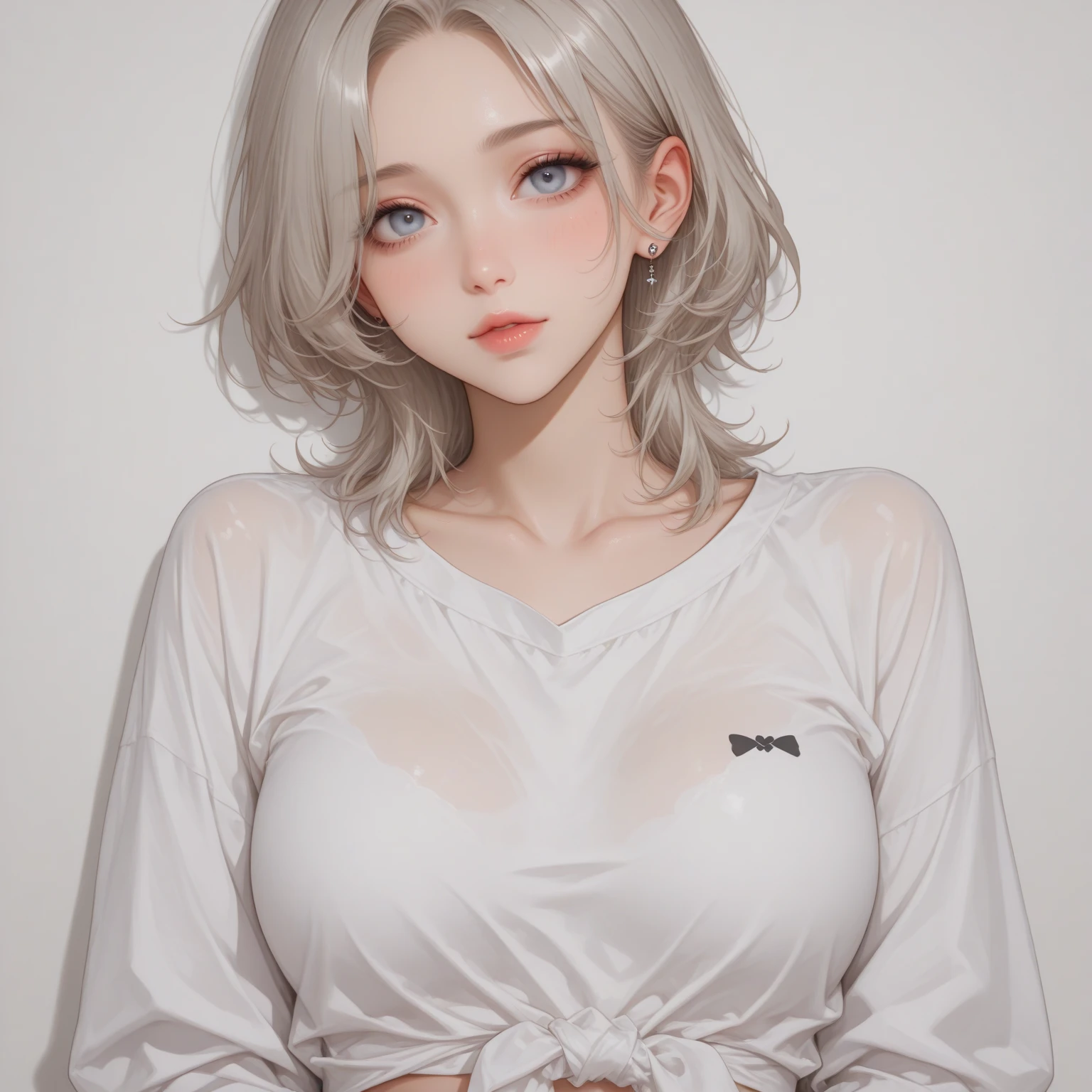 ((masterpiece)), ((best quality)), (ultra-detailed), ((extremely detailed)), 4K, (8K), best quality, a beautiful woman, ((beautiful light gray hair)), shiny hair, ((fluffy bob cut)), light blue eyes, detailed skin, freckled skin, flushed cheeks, 20 years old, , ((oversized t-shirt, cowboyshot))