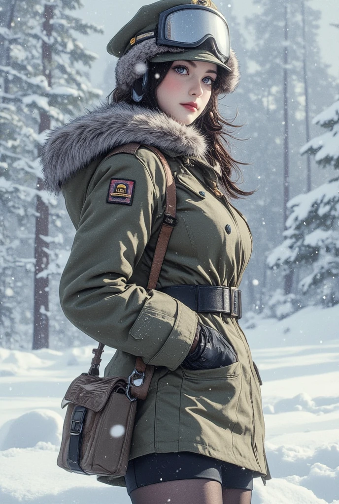 At sunset，(8k), (best quality), (The finest details), (Surreal), caesar, Russian girl, Female Soldier，winter, snowstorm, russian hat, Huge cleavage, Beautiful long legs, looking at the audience, winter war