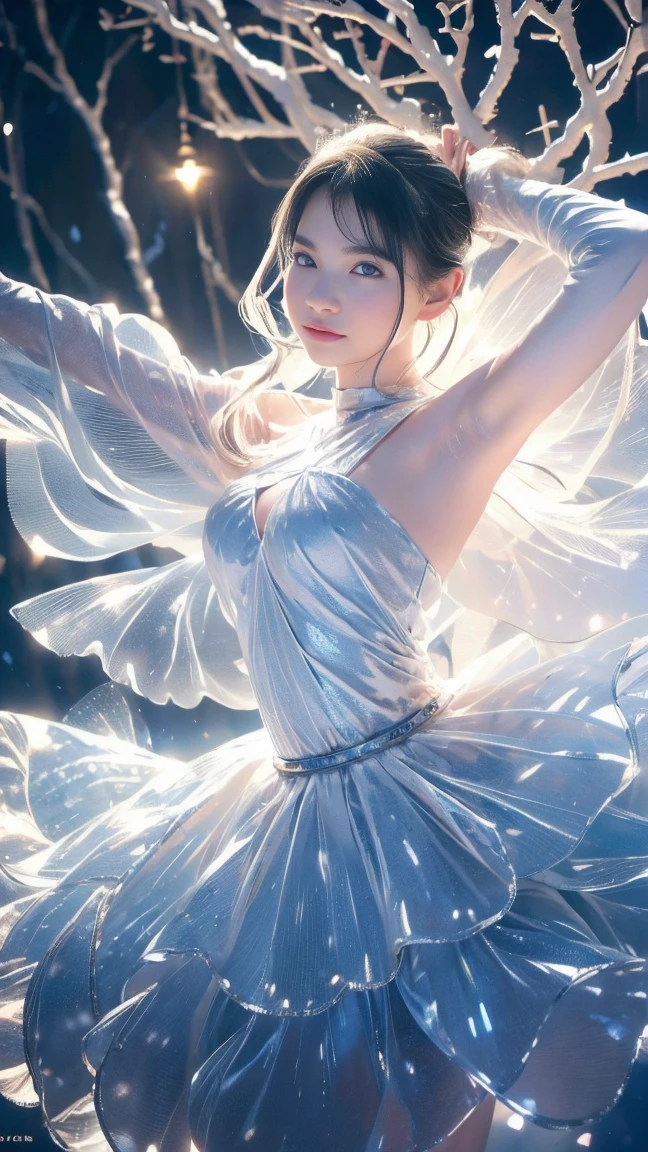 (8K, RAW photo, Best quality, tmasterpiece:1.2), (Realistic, photo-realistic:1.4), (Extremely detailed CG unifies 8K, 8K, Diamond, and wallpaper), Dunhuang flying style,A girl dances in the air,Bounce the lute,Wearing a royal blue robe,It's like dancing in the clouds,The body has smooth lines、Beautiful gesture,It's like dancing in the air,Surrounded by a sea of clouds and birds,It's a fantastic wonderland。Clouds are meticulously outlined in the fresco,Layer by layer,It was as if there were clouds fluttering,Birds soar over the sea of clouds,Looks natural,Very energetic