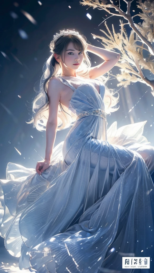 3d hologram display:1.8, hologram infographic, 3d render, raw photo:1.2, masterpiece, highest quality, 16k, unbelievably absurd, very detailed, perfect beauty, (double exposure vibrant colors hologram:1.3), (layered vibrant colors hologram:1.2), (snow world photo scenery), diamond dust, starry sky with aurora, flowing sheer dress, flowy long hair, (lake:1.2), (realistic photo scenery), (starlight), (ballerina girl dancing,romantic tutu),