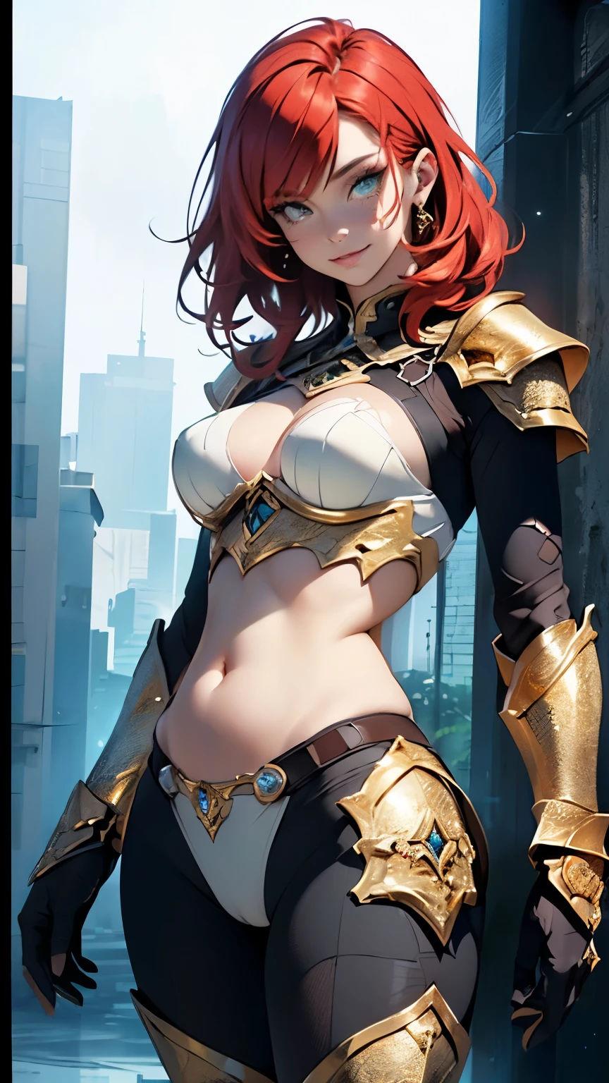 beautiful woman with short white hair, orange inferno eyes, wolf ears and a braided ponytail. She is wearing a revealing, sexy, fantasy knight armor with legplates. Her body is muscular and she is incredibly sexy. Her eyes are orange. She has strong, muscular arms and thick thighs. Wide hips.