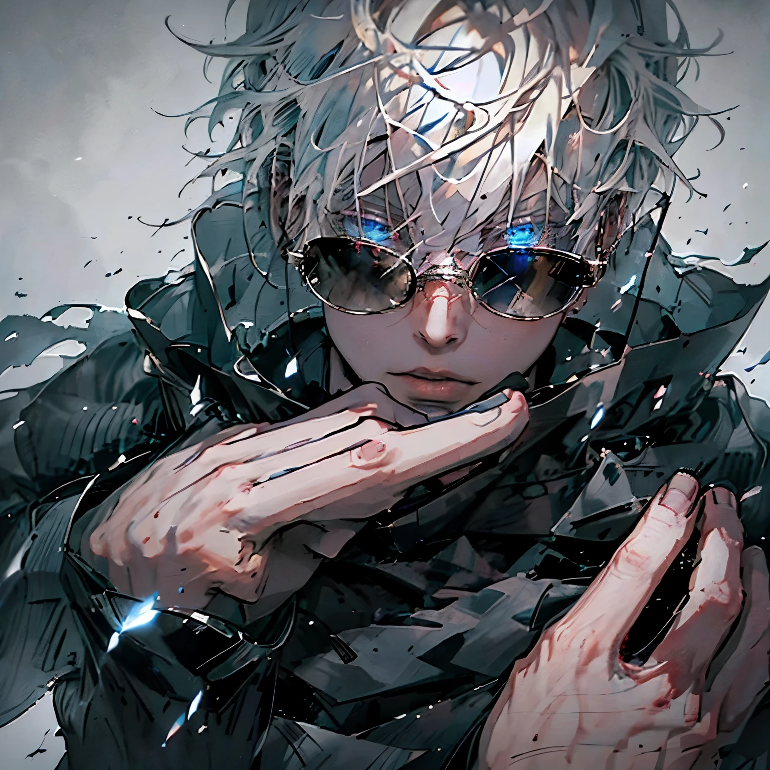 Gojo Satoru, Wearing a black robe , male characters, gray hair, Sparkling blue eyes, Jujutsu Kaisen characters, Draw, close-up, portrait shooting, Full HD, 4K, Intrinsic , dynamic light, professional digital drawing.