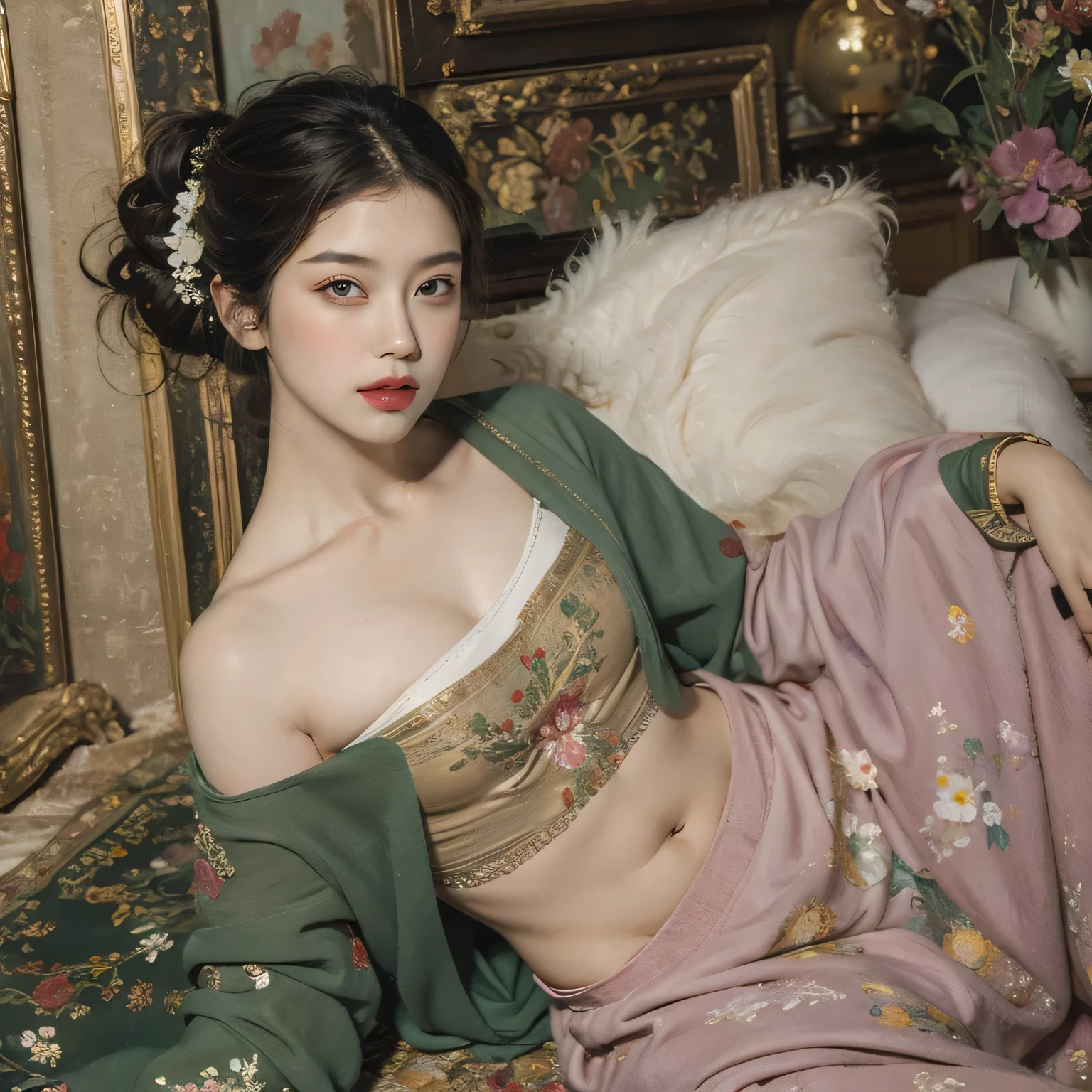 A naked woman seen from the front, bent over on the ground facing forward with her legs spread apart. A Chinese empress from the Qing Dynasty. She is wearing a hairpin and showing her thighs and feet from below.。She is completely naked, showing off her gorgeous large flowers and hairpins, her hair tied up and pulled up, and the background is the stone paving of the Chinese palace of the Qing Dynasty.