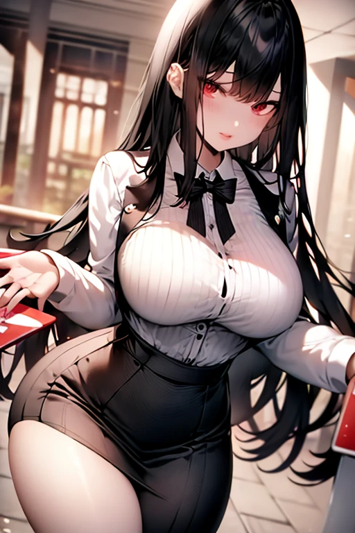 School class scenario, an Italian girl with very long black hair, gigantic breasts, thin, girl, the girl is wearing a blouse and a miniskirt with lapels、agree to have sex、spread one's legs:2、 greatly opened pussy:2、 covered with semen:2