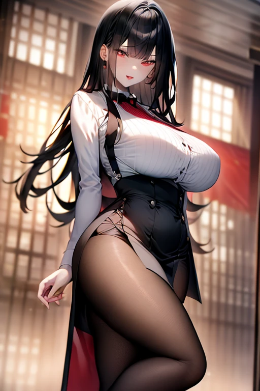 adult girl, Long black hair, Fox ears, blue eyes, black kimono, briefs, open breasts, Smile, tooth, Masterpiece, hiquality