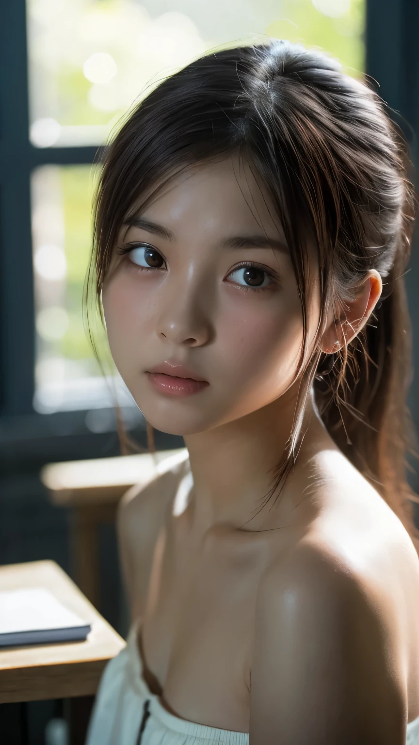 Highest quality, Face Focus, Soft Light, Ultra-high resolution, (Realistic:1.4), RAW Photos,
1 Japanese girl, alone, cute, (pupil, light in your eyes),  Beautiful face in every detail, (),(High resolution detail of human skin texture),
(Long Hair)、smile:1.1，Sweating profusely、sweating、Flowing sweat、Sauna Rules,Wrap a towel around your body,High angle、(Portraiture)