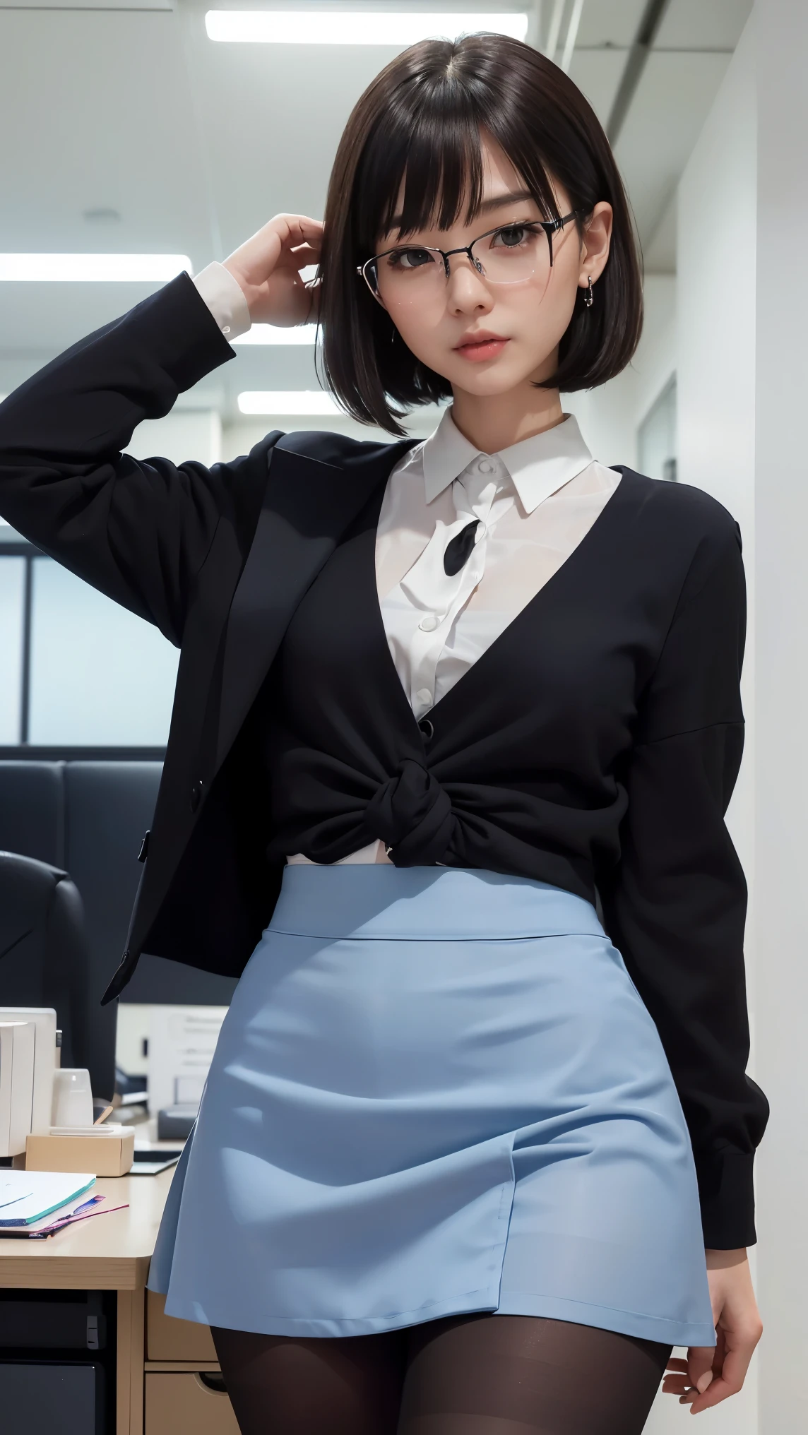 Dark blue business suit, tight skirts