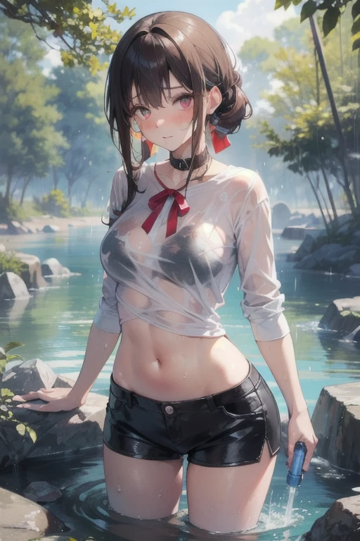 Small ahegao face、((My ass is wet with milk))、お尻大きくButt Emphasis、She spreads her legs to reveal her white polka dot panties、、See through、Turn to me、Realistic、( old girl with short pigtails)、Close-up from the ground、Summer mountain climbing、Butt Emphasis、Light Red Tan Check Shorts、Tight Berry Short Mini Skirt