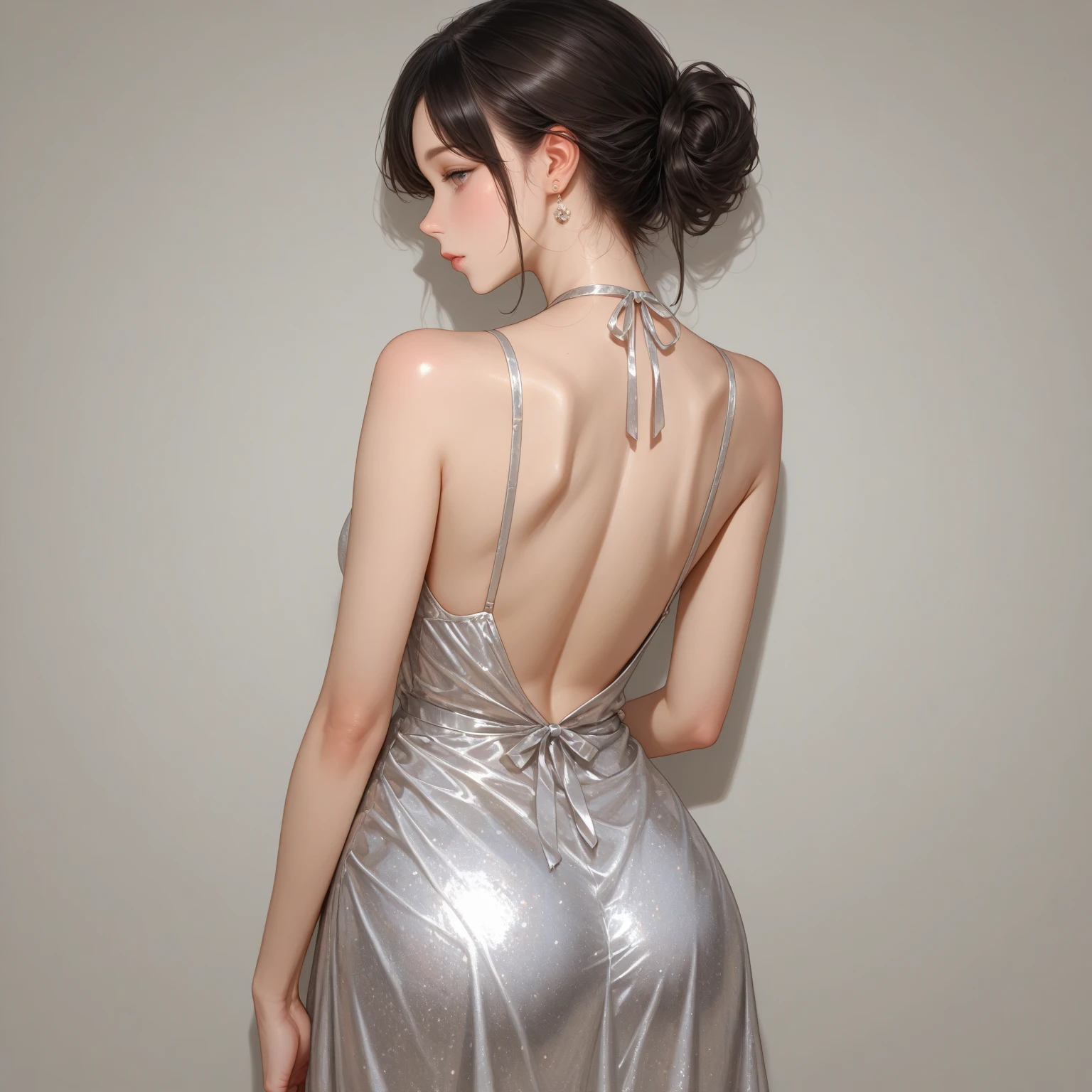 Photorealistic, high resolution, 1 woman, Hips up, Beautiful eyes, Long hair, ringed eyes, white hair, jewelry, colorful dress, back view