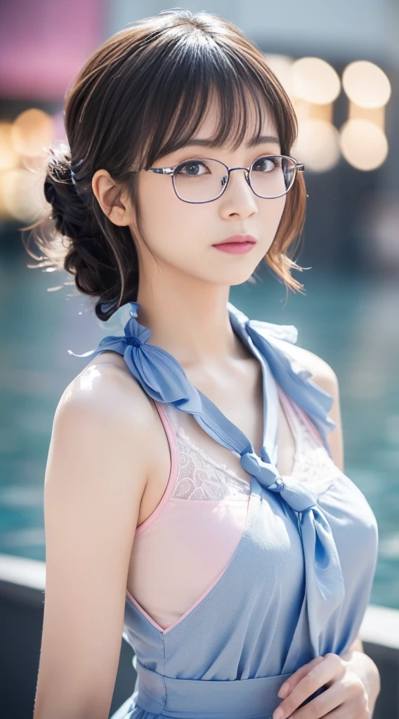 (Highest quality,8K quality,masterpiece:1.3),(Ultra-high resolution,Photorealistic:1.4,RAW Photos),(Very delicate,Caustics,Detailed Background),(Ultra-Realistic Capture,Fine and beautiful skin,Perfect Anatomy), At night,Night Sky,Riverbank,Outdoor,1,cute,single eyelid,Dark brown short bob,break,(yukata:1.1),Glasses on the head,firework,Looking at the camera,Natural soft light