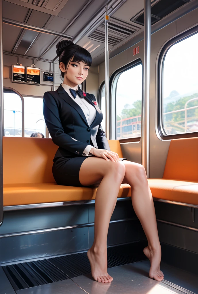 "(Masterpiece, High Definition, Ultra High Definition, 4K) Black hair, 60 years old Japan girl, suit skirt, emphasizing thighs, white thighs, soft thighs, glossy thighs, sitting on the train, face-to-face angle, (angle from below),sitting in the train seat,Sitting in front,Zoom camera in the crotch,Feet on the train floor,Full body,Looking down and sleepy,Looking at the viewer only", best quality, ultra high definition, (photorealistic:1.4),, high resolution, detail, raw photo, sharp re, Nikon D850 film stock photo by Lee Jefferies 4 kodak portra 400 camera f1.6 lens rich colors hyper realistic lively textures dramatic lighting unreal engine artstation trends cinestir 800, --auto --s2
