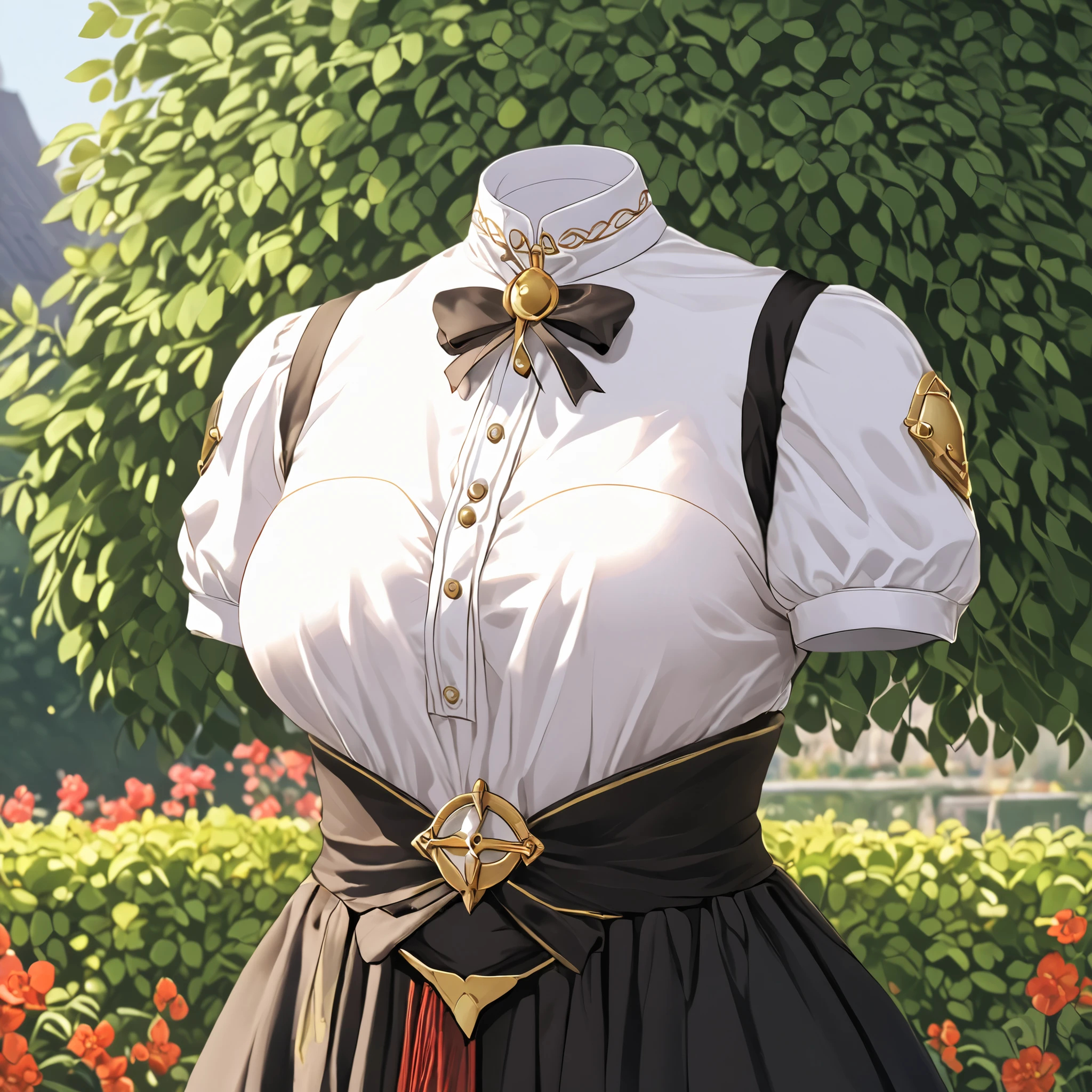Hilda Valentine Goneril, white blouse, black skirt, Garreg Mach uniform, masterpiece, in garden, (invisible:1.5, no humans:1.5, headless:1.5, faceless:1.5), cute big breasts, detailed cloth texture, extremely details, close-up to breasts