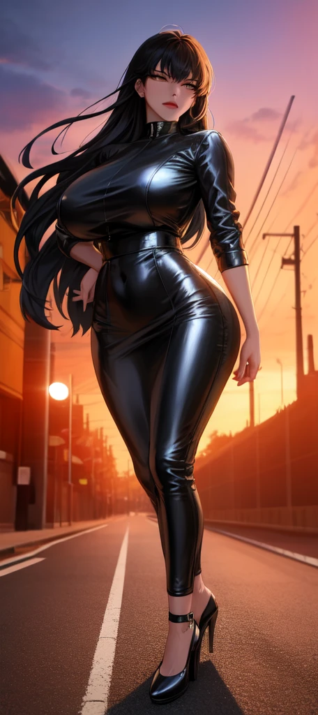 masterpiece:1.3, Highest quality, Ultra-high resolution, Very detailed), (Realistic:1.1, photoRealistic:1.4), Beautiful illustrations, Perfect lighting,Written boundary depth, Beautiful detailsまでこだわった髪, Beautifully detailed face, Beautiful details, Beautiful clavicle, Beautiful body, Beautiful and juicy breasts, Beautiful thighs, Beautiful feet, View your viewers, 1 Girl,Perfect Face, (Perfect Anatomy, Anatomically correct), Cute and symmetrical face、Baby Face、((Shiny Hair)),(Beautiful night view),(Rooftop, Blurred night cityscape),(かわいいsmile, smile)、Sexy Body、(masterpiece),(Highest quality：1.3),8K,Very clear,(Ultra-realistic), One Girl,Wide Shot,((Large Breasts)),Wide Hips,Beautiful feet, Captivating woman、(masterpiece、Highest quality、Very detailedな)、((1 Girl))、((Long black hair down to the waist))、black eye、((とてもLarge Breasts))、((((Black rubber latex suit))))、((Stiletto heels))、((View from below))、(((Rooftopでしゃがんでいる)))、Cowboy Shot、