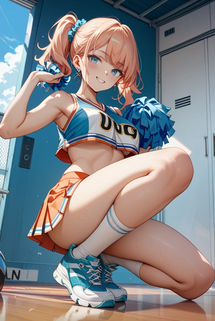 Arafe cheerleaders in blue and white uniforms performing on stage, Chiho, pretty face with arms and legs, Chiho ashima, teenage girl cheerleader, support, cute playful pose of dancer, I can see the legs, strongest pose, aoshima Chiho, japanese mascot, in an action pose, young gravure idol, Young and cute gravure idol